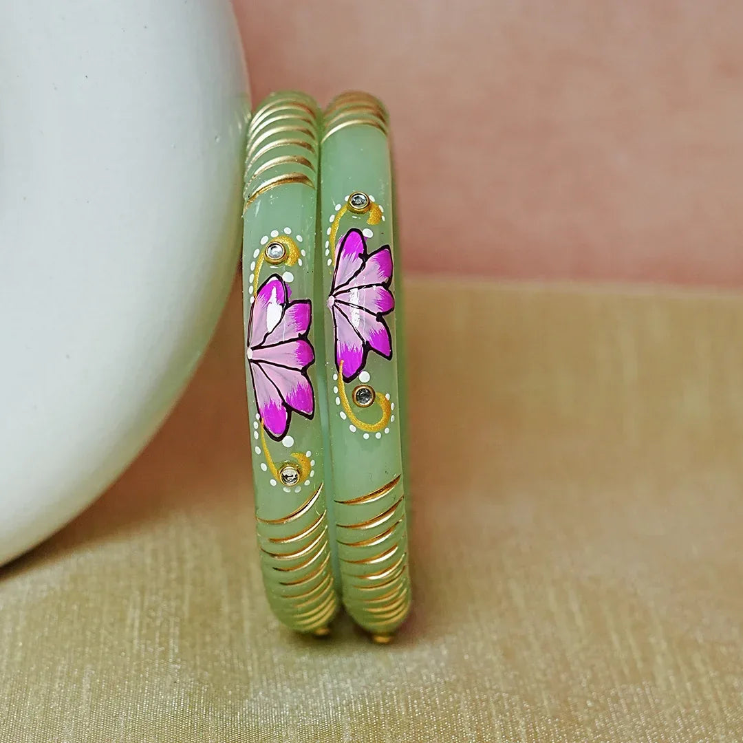 Handcrafted Lotus Printed Pattern Glass Kada for Women (Pack of 2) - The Golden Cascade
